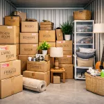 Lagerplats inför flytt mellan två bostäder – mindre, privat magasinering med uppmärkta flyttkartonger och hushållsföremål i ordnad struktur.