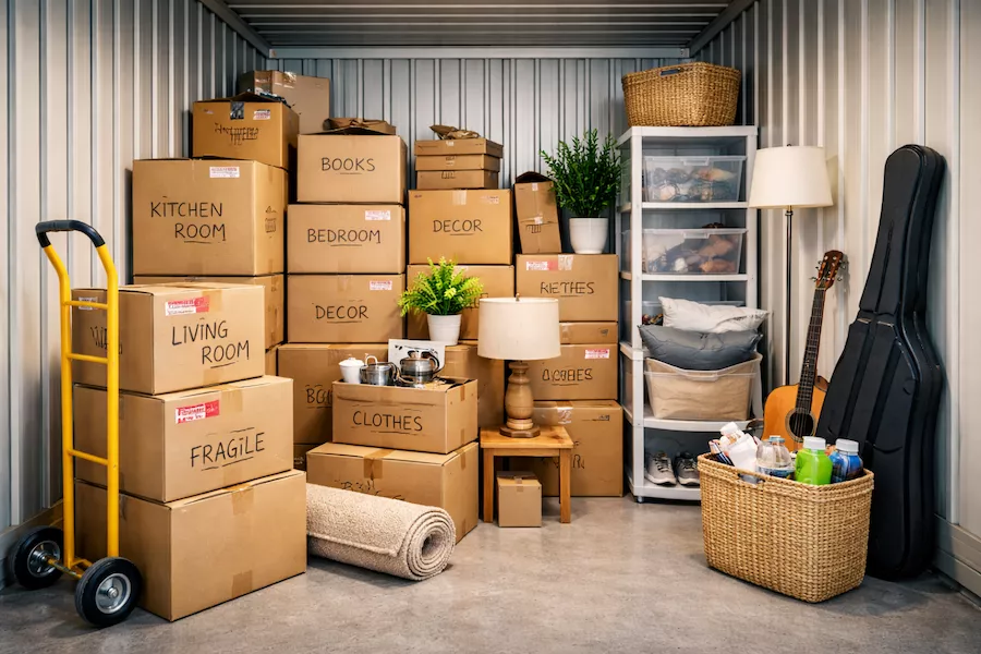 Lagerplats inför flytt mellan två bostäder – mindre, privat magasinering med uppmärkta flyttkartonger och hushållsföremål i ordnad struktur.